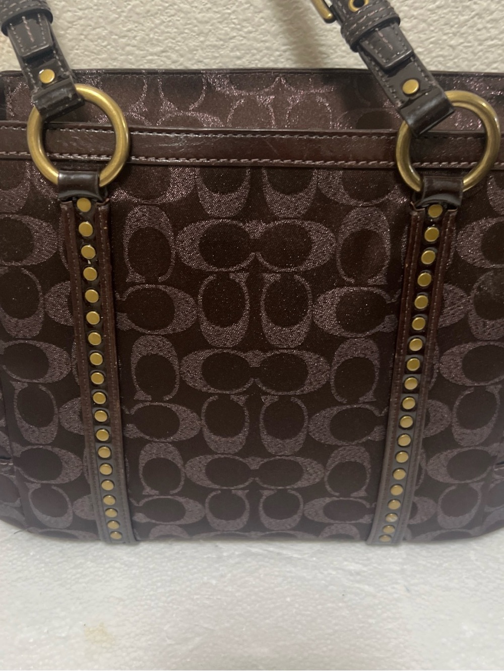 Coach Brown Signature Shoulder Bag with Gold-Tone Stud Accents